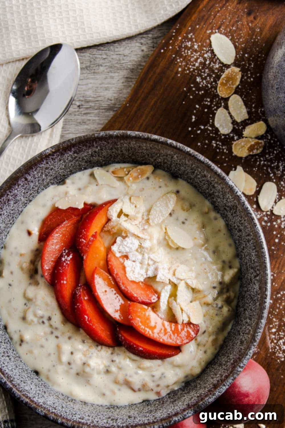 A delightful bowl of almond oatmeal, elegantly topped with thinly sliced apricots and crunchy almonds, offering a blend of sweet and nutty flavors.
