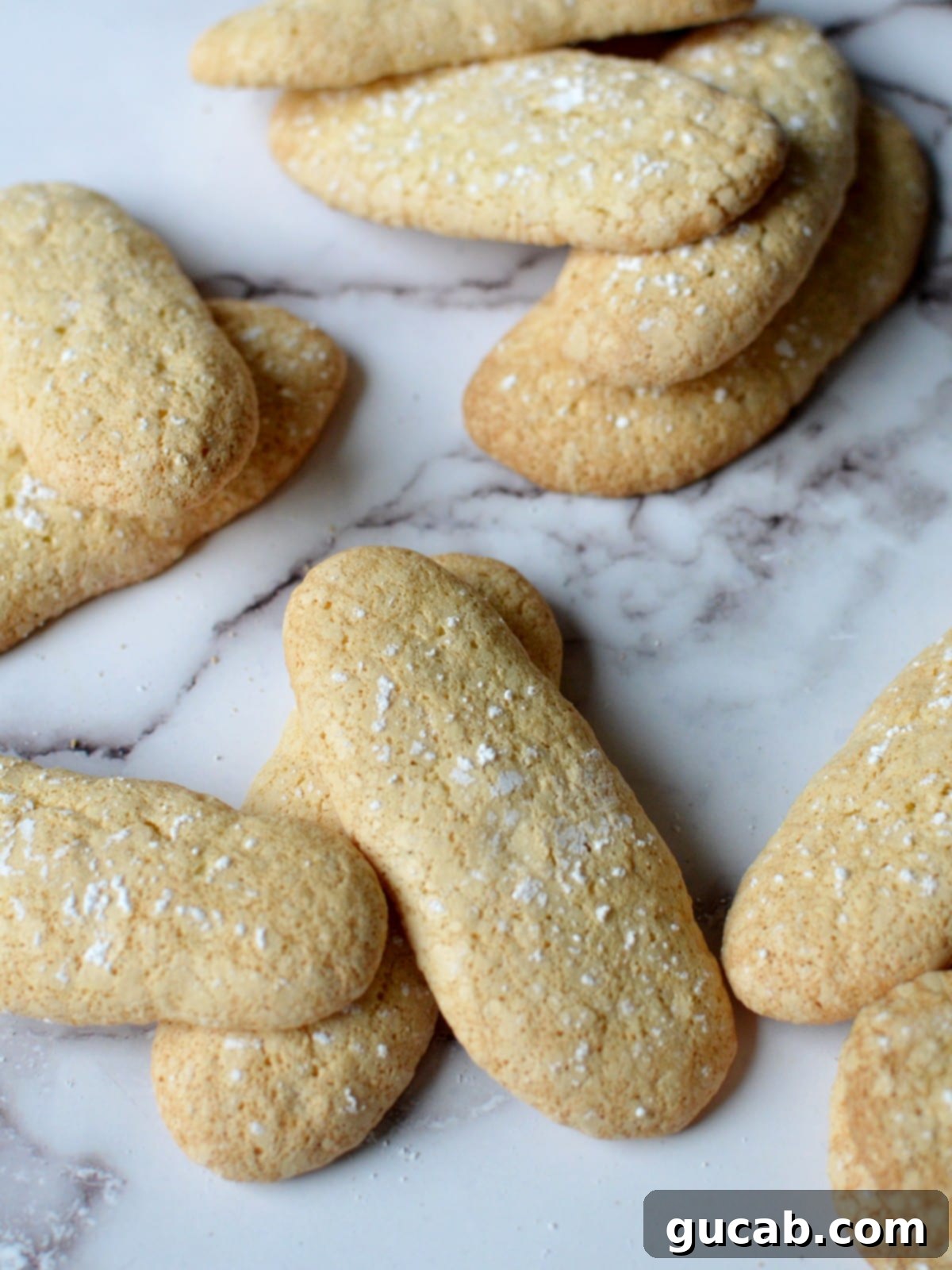 gluten free ladyfingers on a baking sheet, golden brown and lightly dusted with powdered sugar