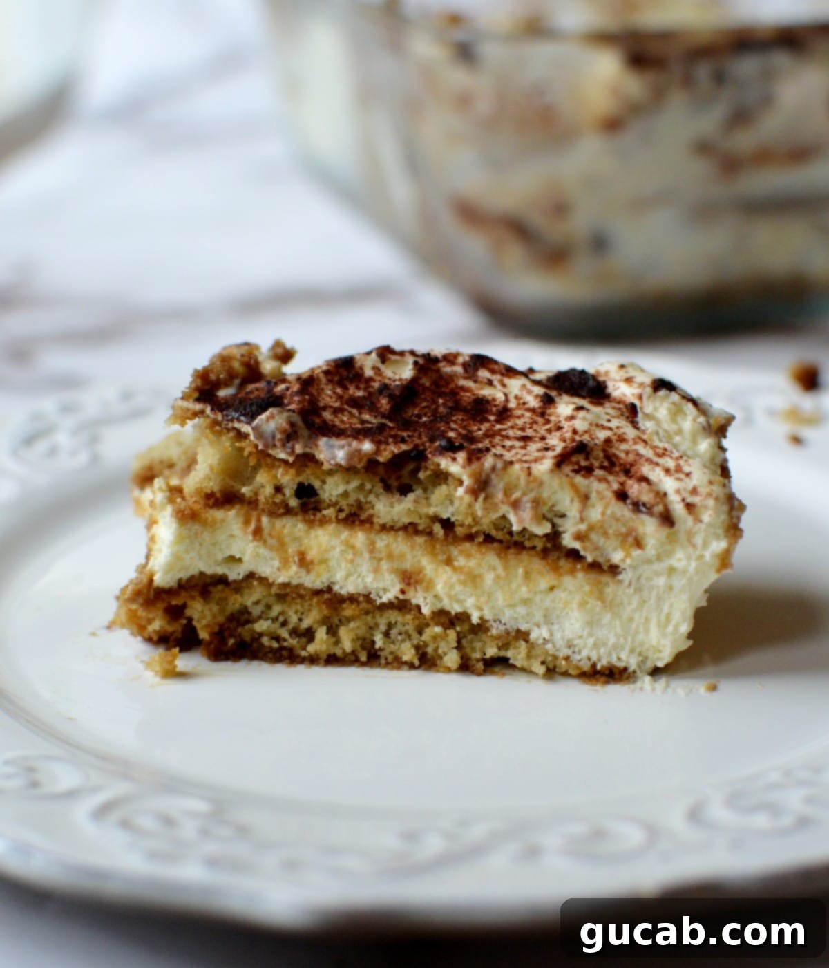 gluten free tiramisu dessert showing layers of coffee-soaked ladyfingers and creamy mascarpone
