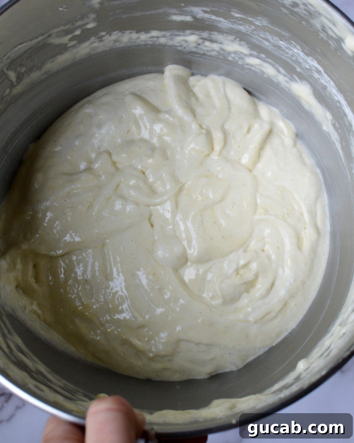 light and airy gluten free ladyfinger batter in a mixing bowl