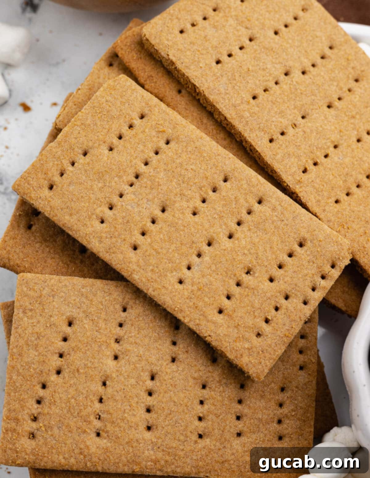 Golden Gluten-Free Graham Delights 2 close up of gluten-free graham crackers, showing their thin, golden-brown texture.