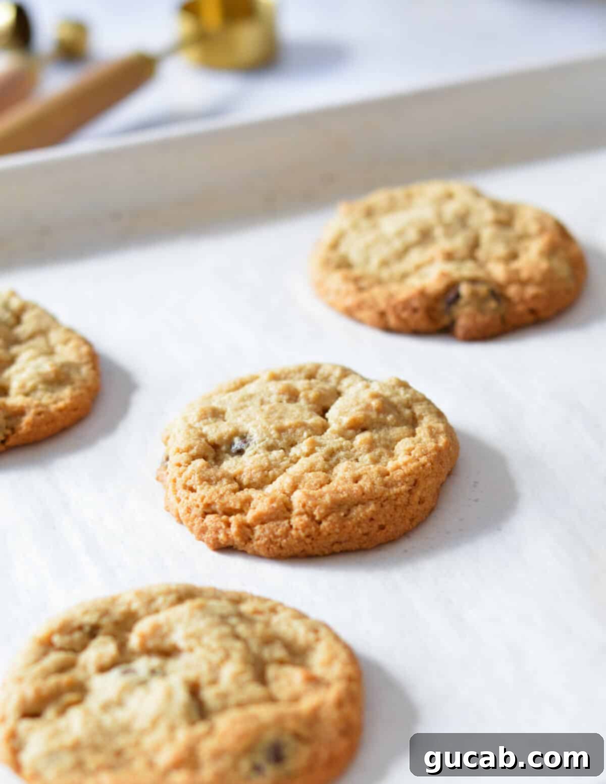 A batch of freshly baked peanut butter cookies, with crackled tops and golden edges, still on the baking sheet.