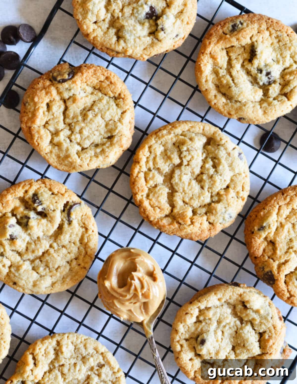 peanut butter cookies on a wire rack.