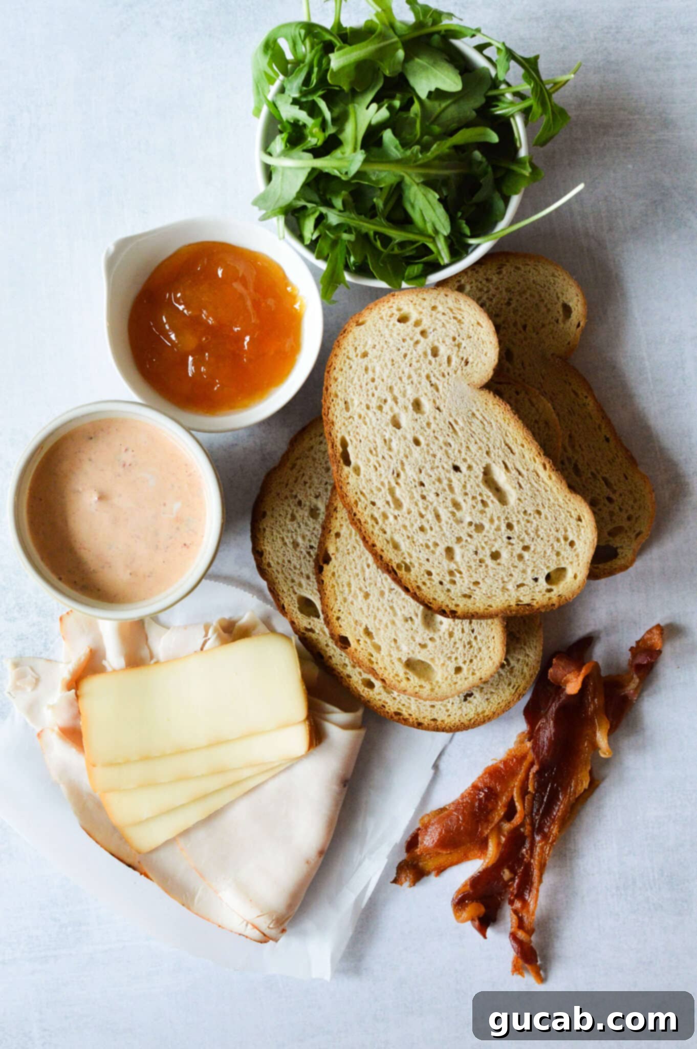 A vibrant flat lay of turkey sandwich ingredients: fresh arugula, golden apricot jam, creamy chipotle mayo, sturdy sourdough bread, premium sliced turkey, rich gouda cheese, and crispy bacon.
