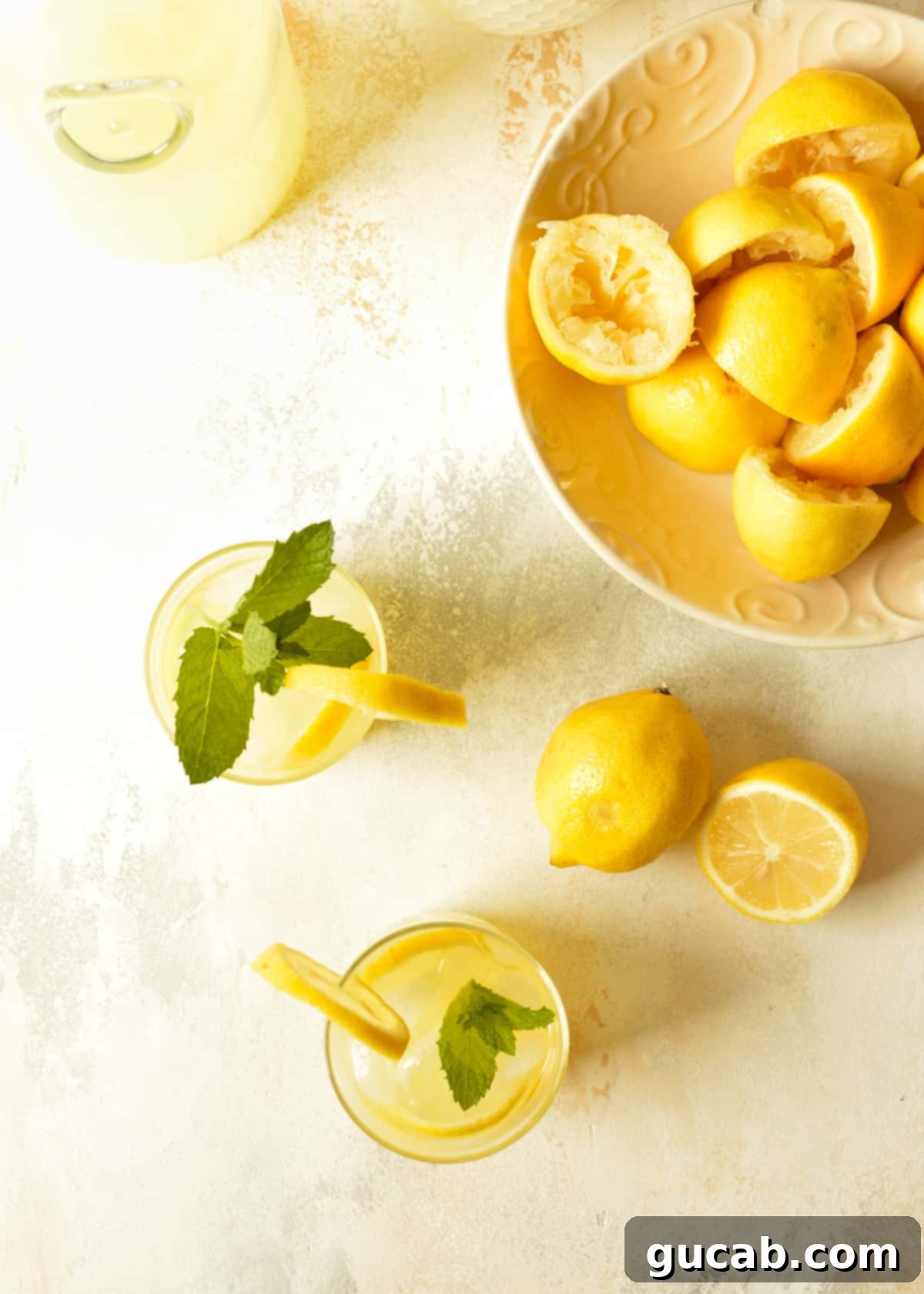 two glasses of lemonade and a bowl of squeezed lemons