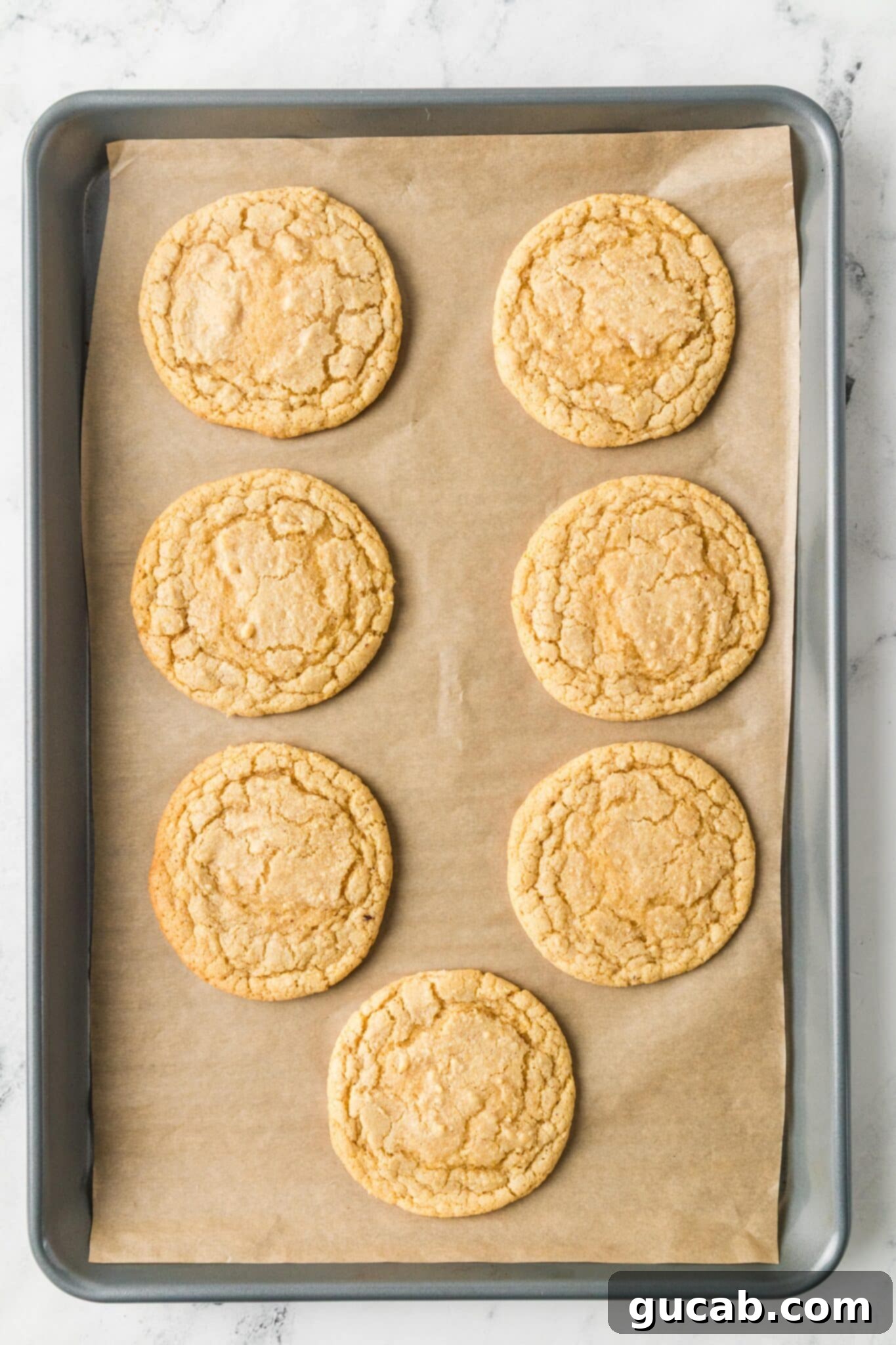 A fresh batch of golden-brown cornmeal cookies cooling on a parchment-lined sheet pan, straight from the oven.