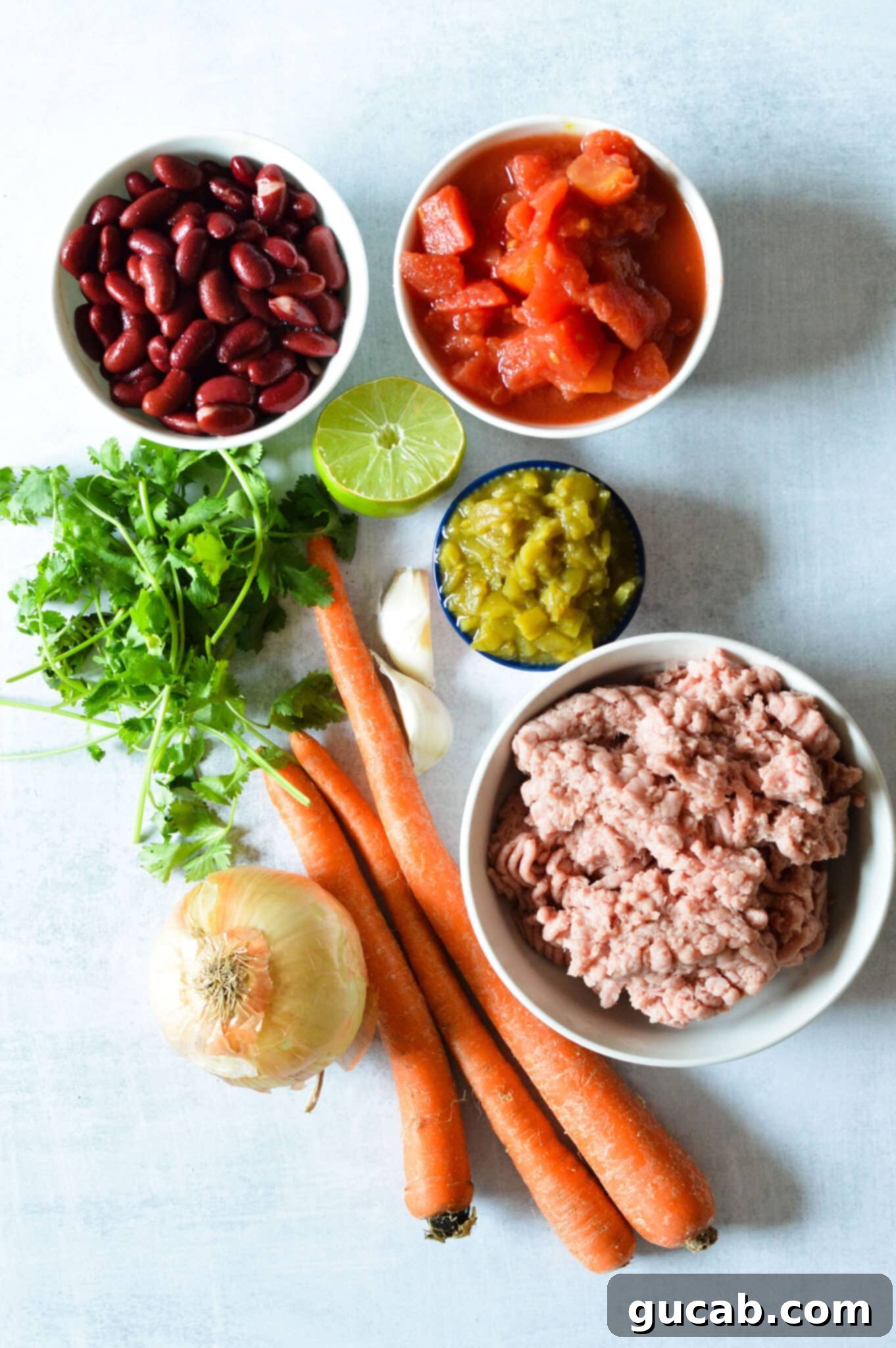 kidney beans, tomatoes, lime, green chiles, ground turkey, carrots, cilantro, garlic, onion, carrots. 