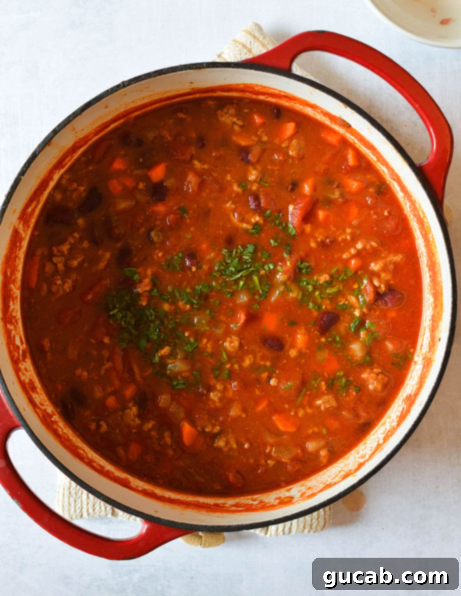 turkey chili in a pot with cilantro. 