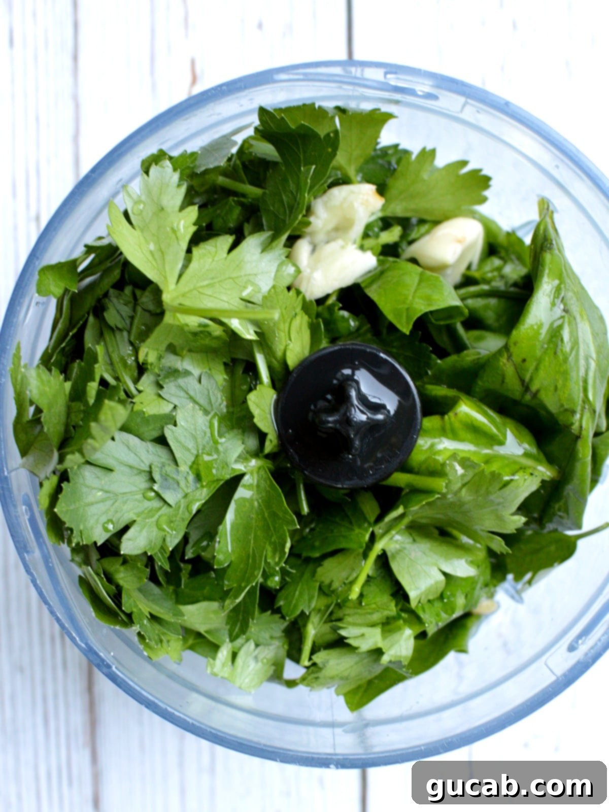Vibrant Basil Chimichurri 3 parsley and basil in a food processor