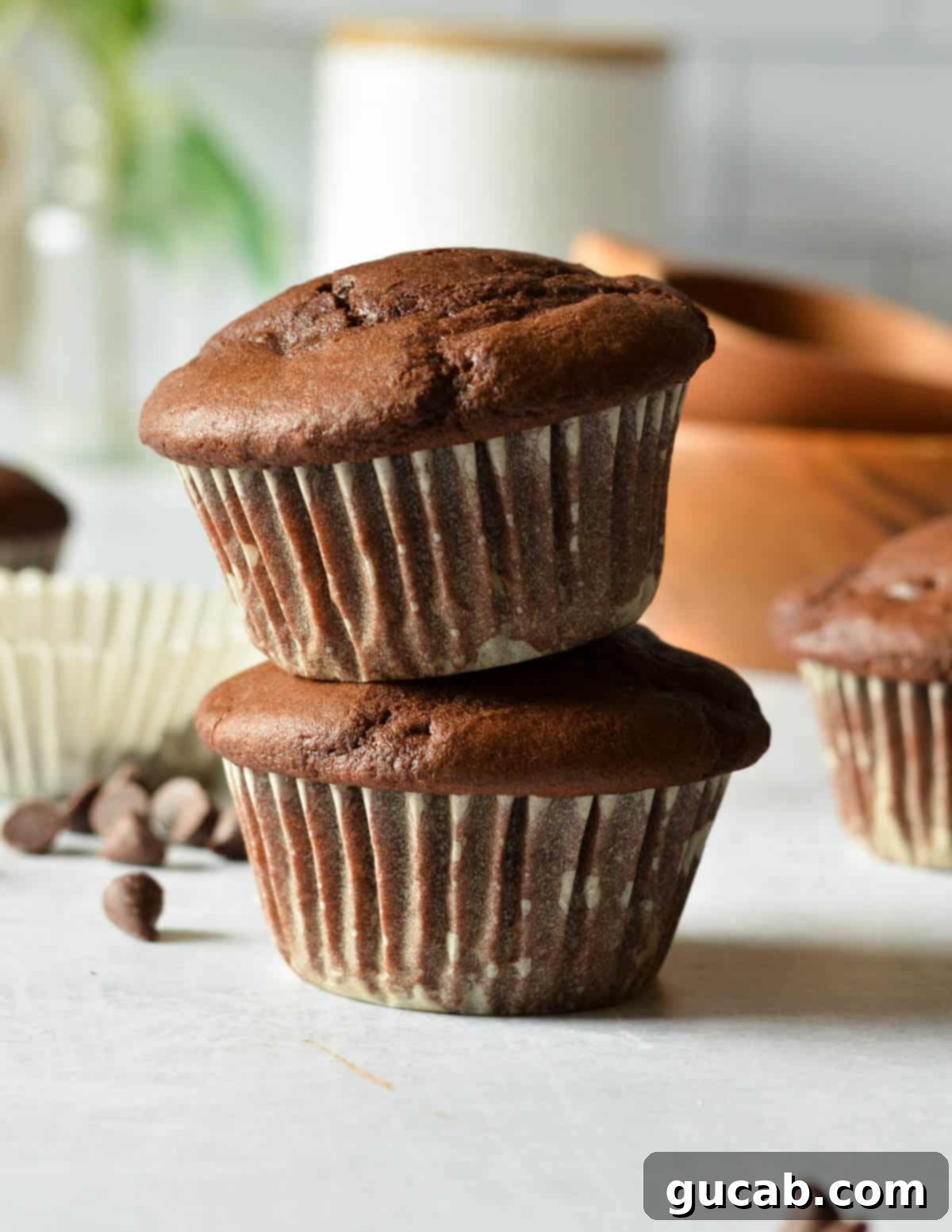 A stack of two gluten-free chocolate muffins, highlighting their rich color and inviting texture.