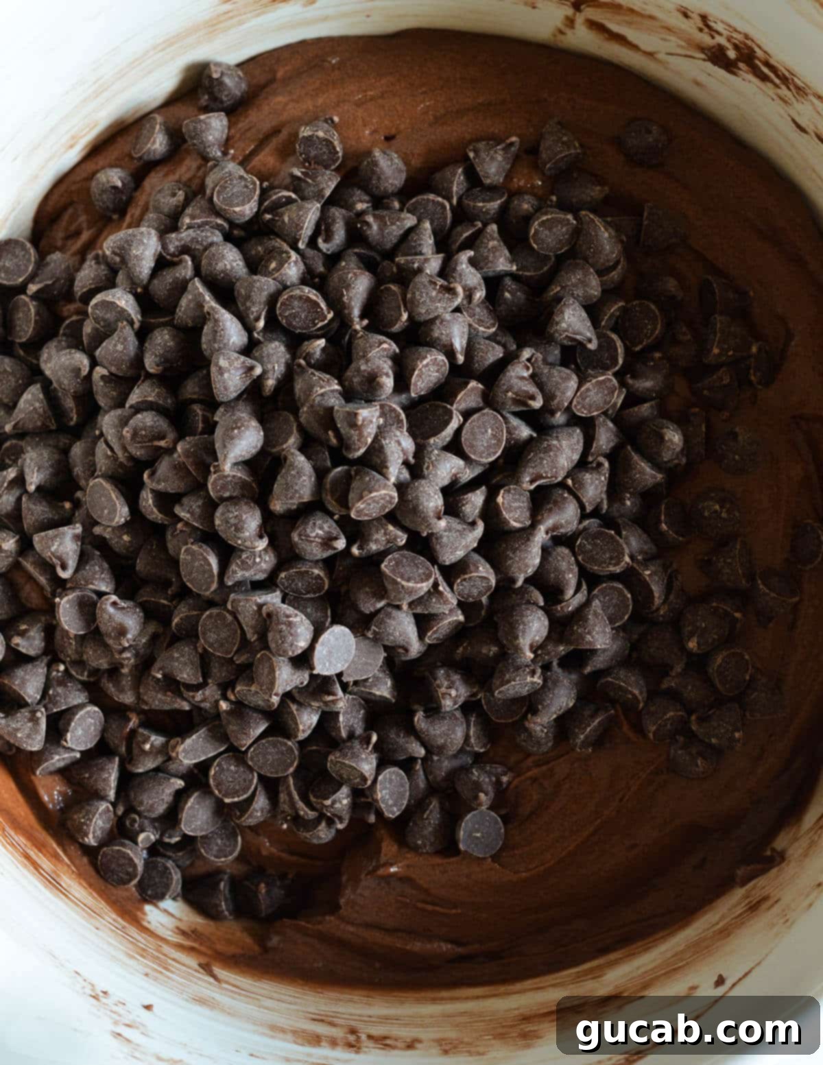 a bowl of gluten free chocolate muffin batter with chocolate chips on top.