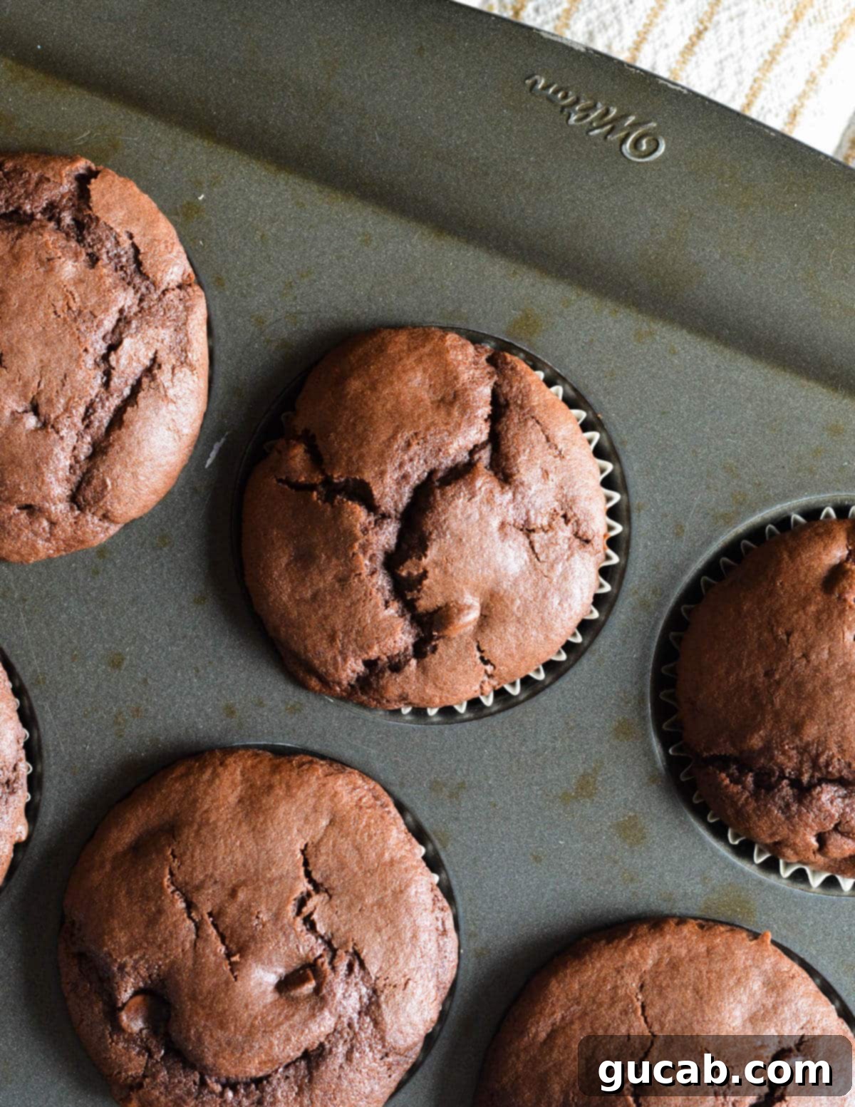 baked gluten free chocolate muffins in a muffin tin.