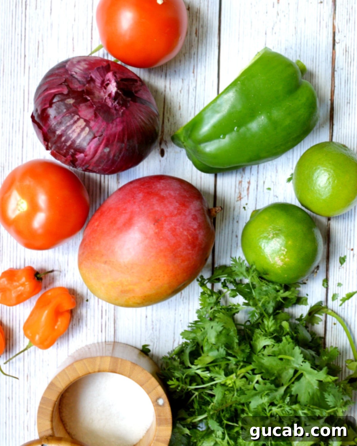 Diced fresh fruits and vegetables ready for salsa making