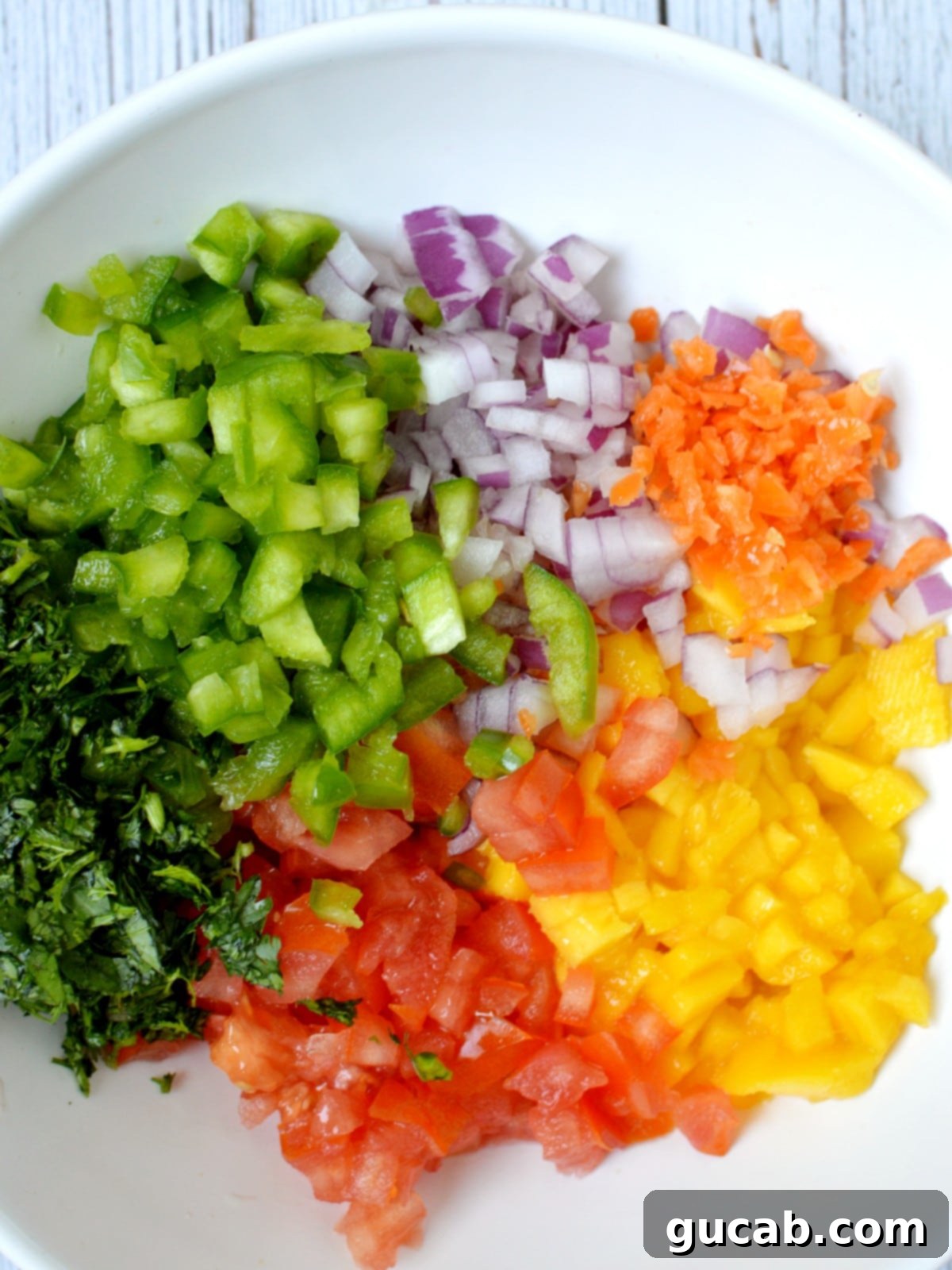 Close-up of diced mango, onion, and bell pepper for salsa