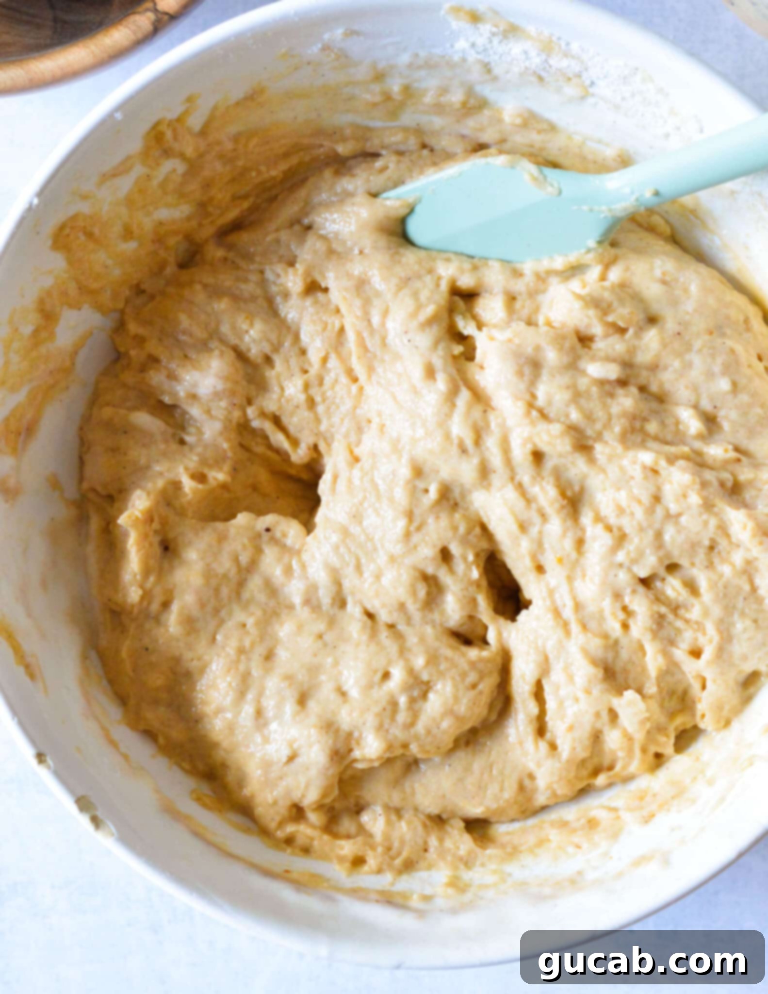 a bowl of gluten free pumpkin pancake batter. 