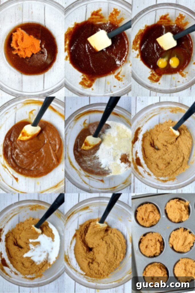 muffin batter being scooped into a muffin tin
