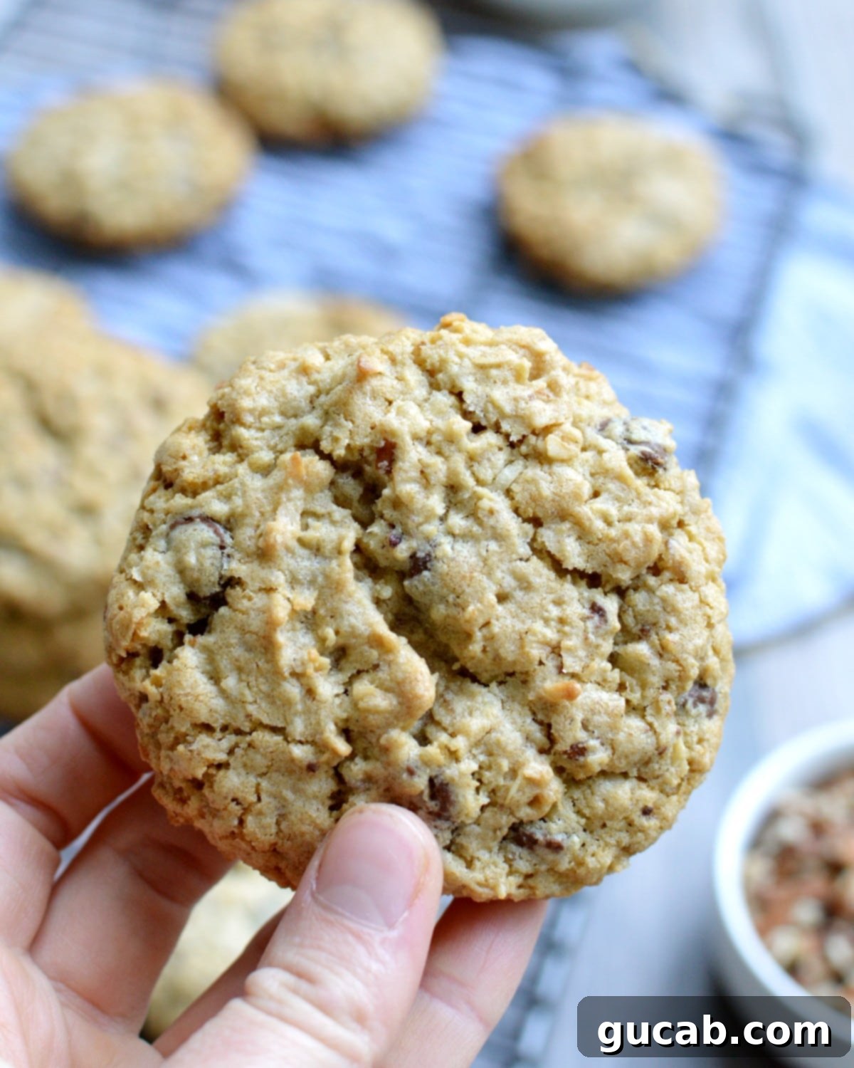 gluten free cowboy cookies, a pile of thick, chewy cookies with pecans, coconut, and chocolate chips