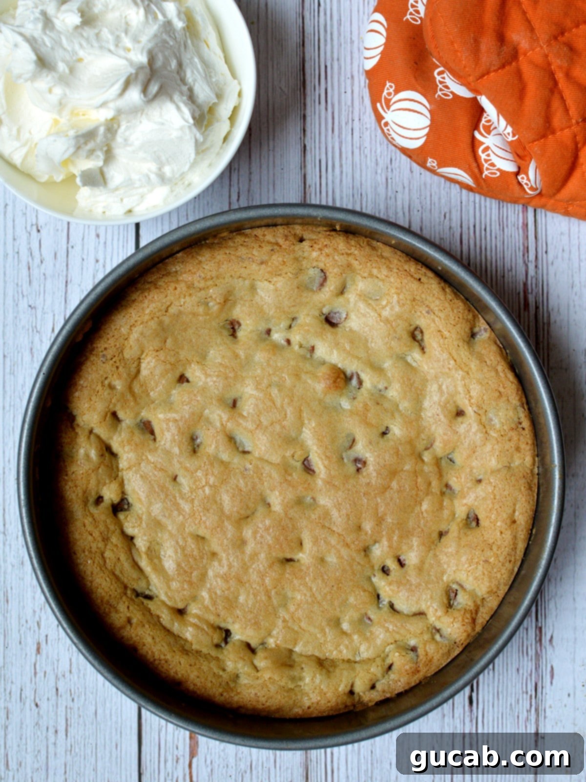 Ultimate Gluten-Free Cookie Cake 6 a freshly baked gluten free cookie cake in a round pan