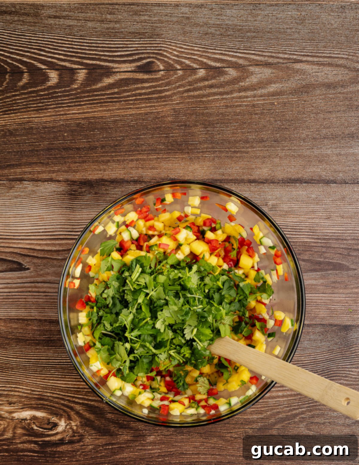 diced pineapple, cucumber, red bell pepper, and mango with cilantro on top. 