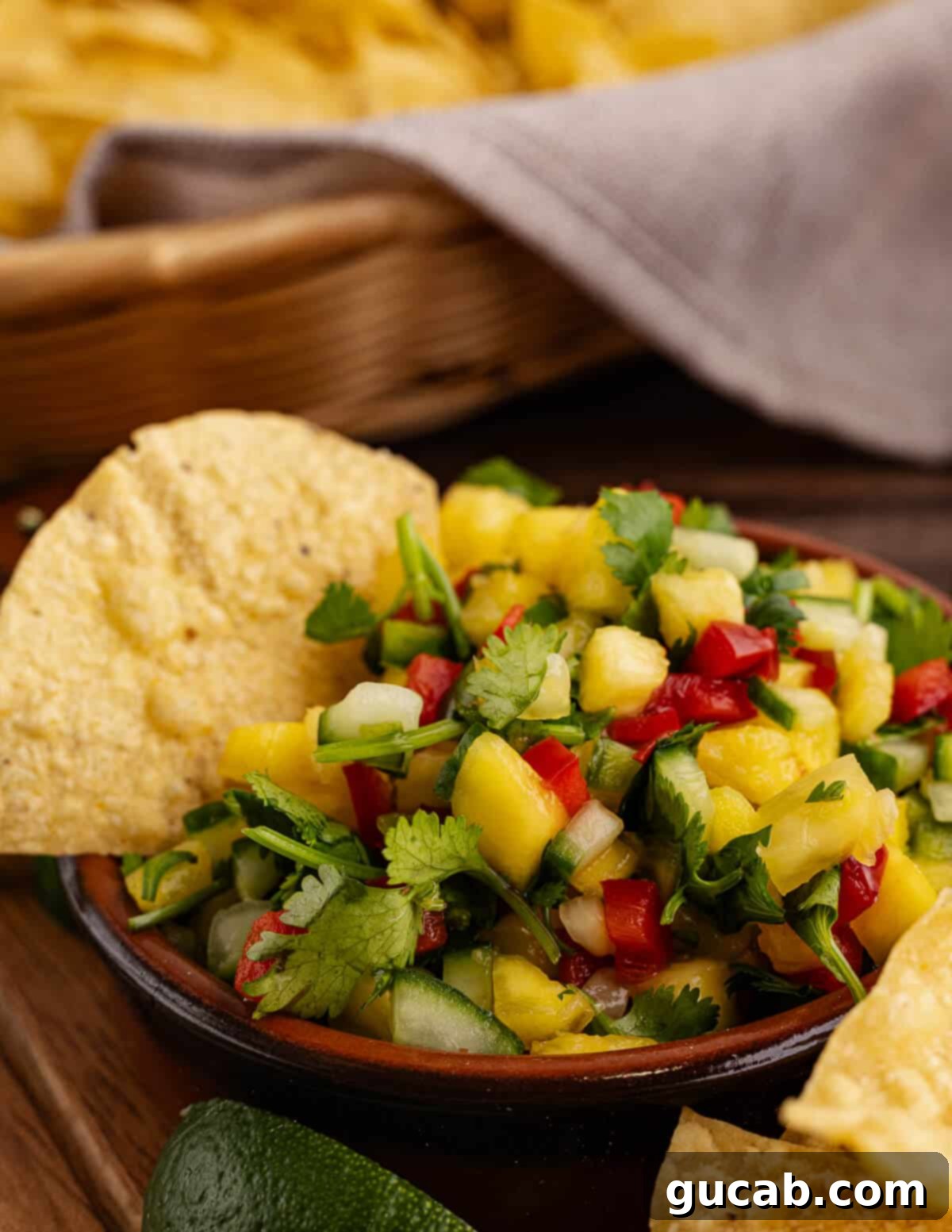 a bowl of salsa with a chip in it. 
