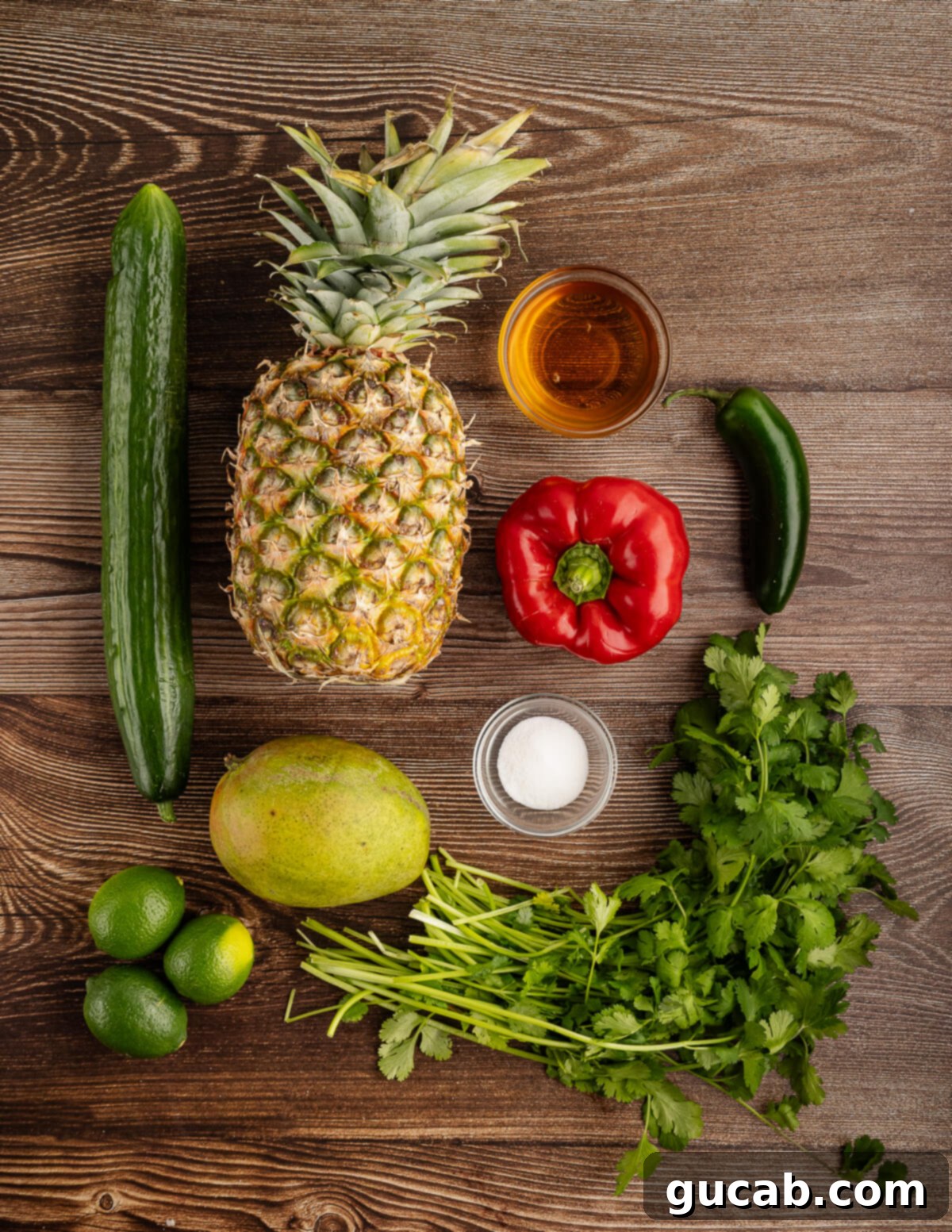 Fresh pineapple, mango, cucumber, red bell pepper, jalapeno, lime, and cilantro ready for chopping.
