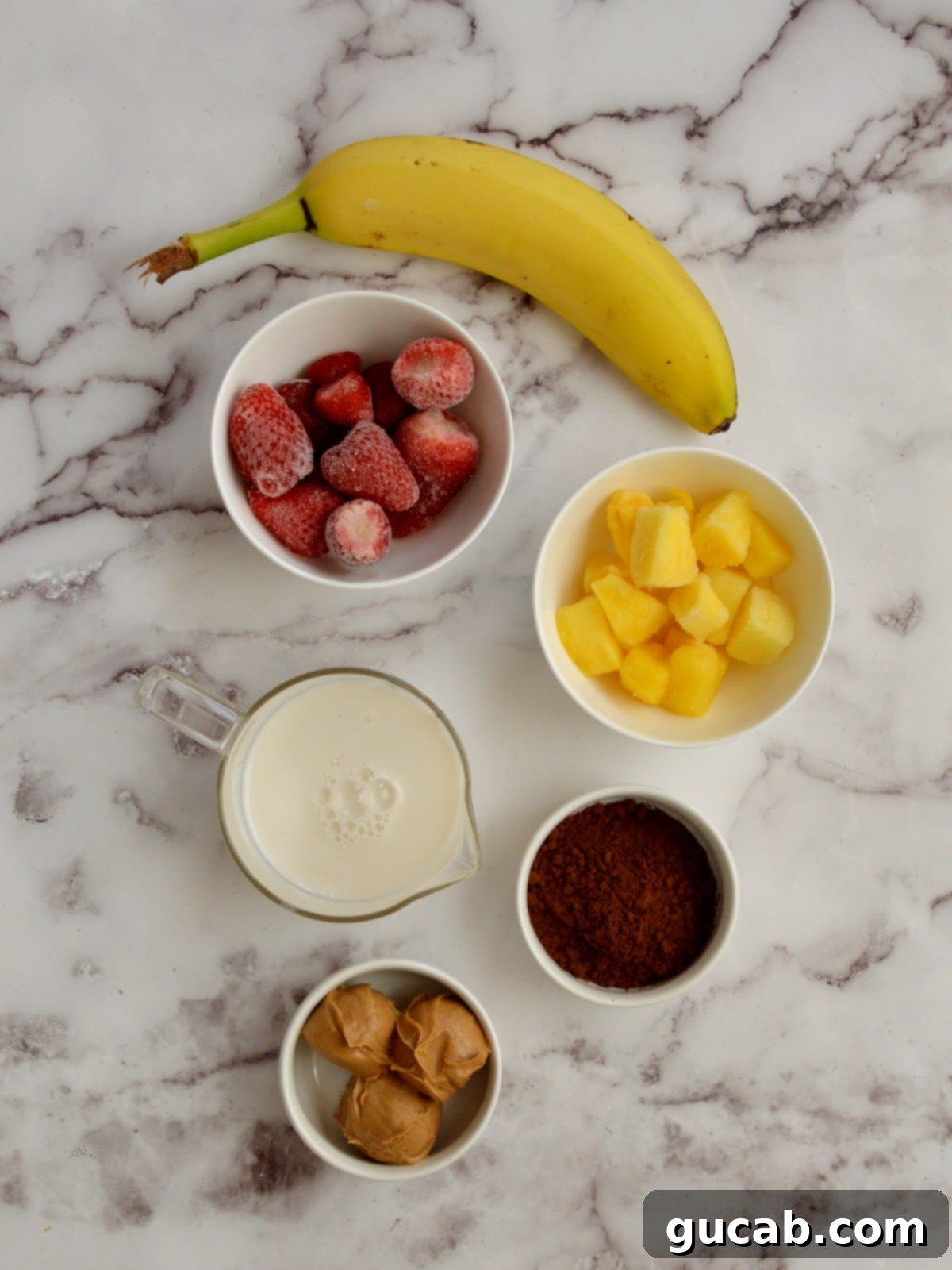 ingredients for a chocolate pineapple smoothie