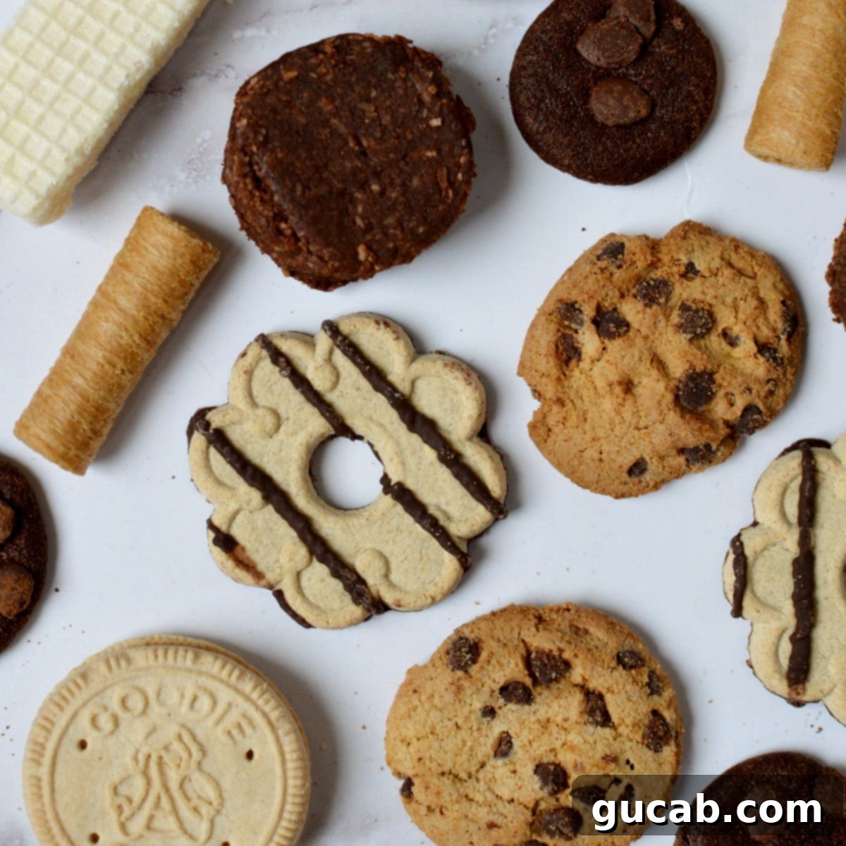 Assortment of delicious store-bought gluten free cookies, including chocolate chip, sandwich cookies, and shortbread, on a rustic wooden surface.