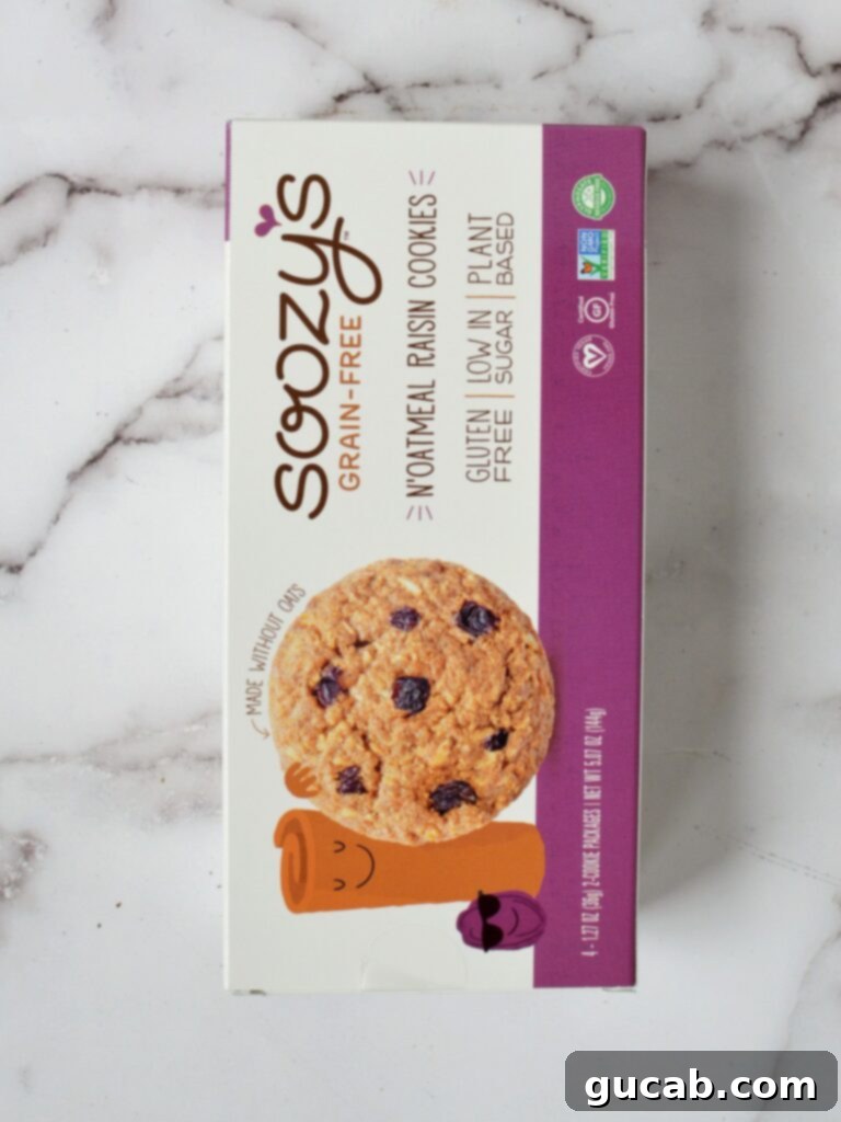 Soozy's Grain-Free N'Oatmeal Raisin Cookies, soft and chewy, with raisins visible.