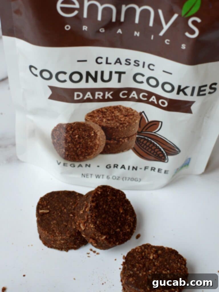 Emmy's Organics Dark Cacao Coconut Cookies, featuring rich chocolate and shredded coconut texture.