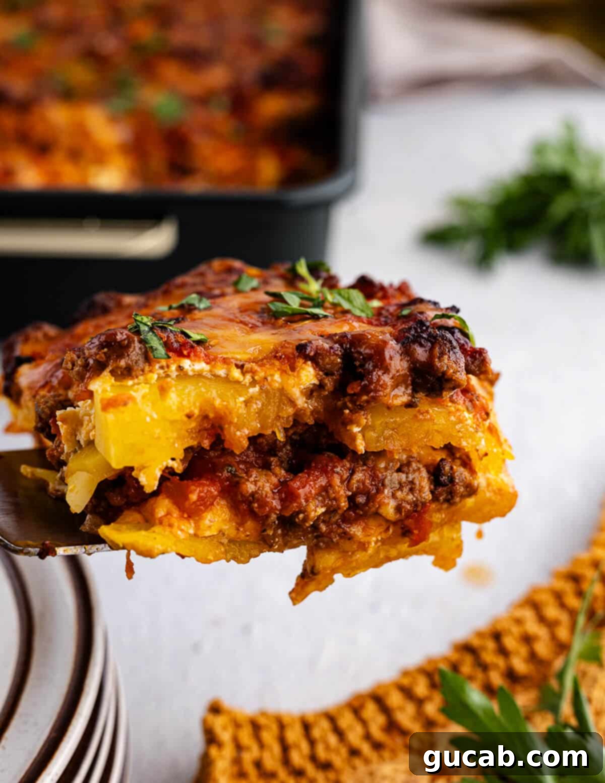 A serving of butternut squash lasagna on a white plate, showing the distinct layers of squash, cheese, and meat sauce.