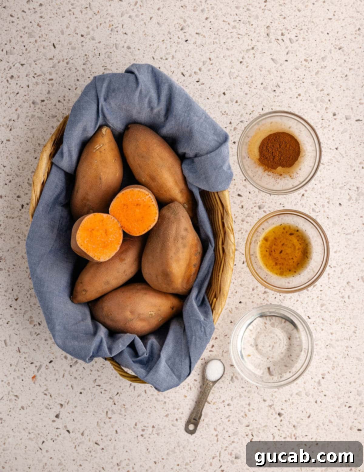 a basked of sweet potatoes, cinnamon, maple syrup, coconut oil, kosher salt. 