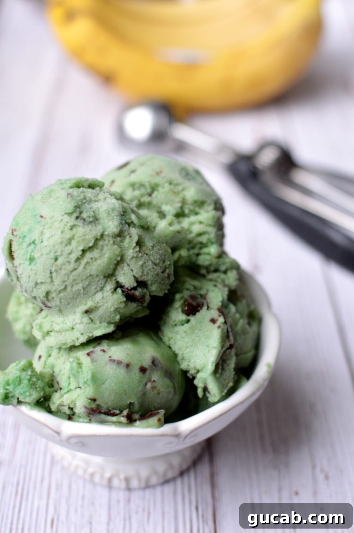 Scoop of creamy mint chocolate chip nice cream in a bowl, garnished with fresh mint and chocolate flakes.