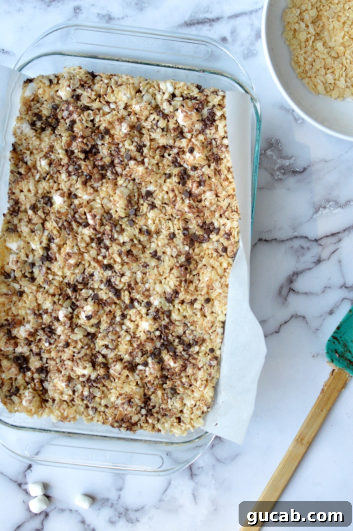 a pan of chocolate chip rice krispie treats