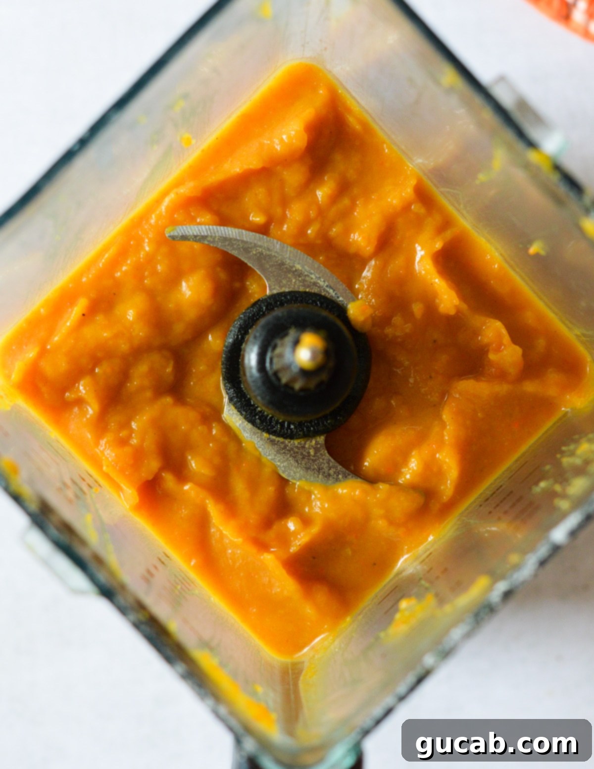 Smooth and vibrant butternut squash puree in a blender, indicating a perfectly blended consistency.