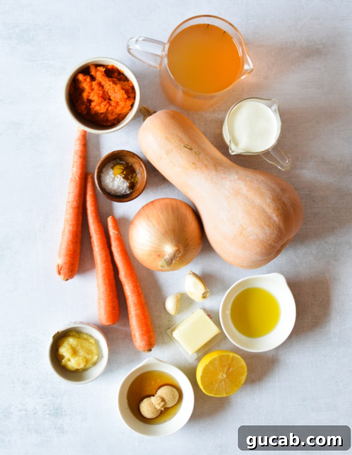 A visual spread of key ingredients for butternut squash soup: butternut squash, onion, carrots, olive oil, butter, garlic, honey, brown sugar, lemon, and ginger paste.