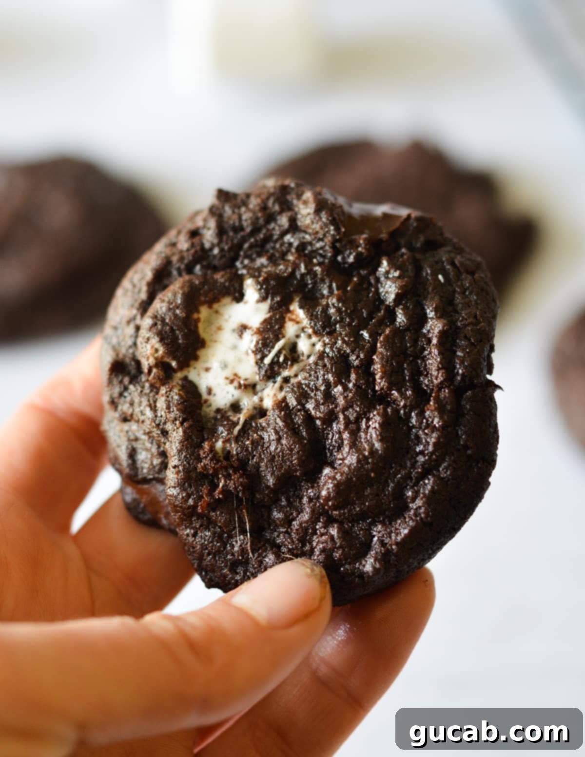 Hand holding a deliciously fudgy chocolate marshmallow cookie, showcasing its rich texture and gooey marshmallow center.