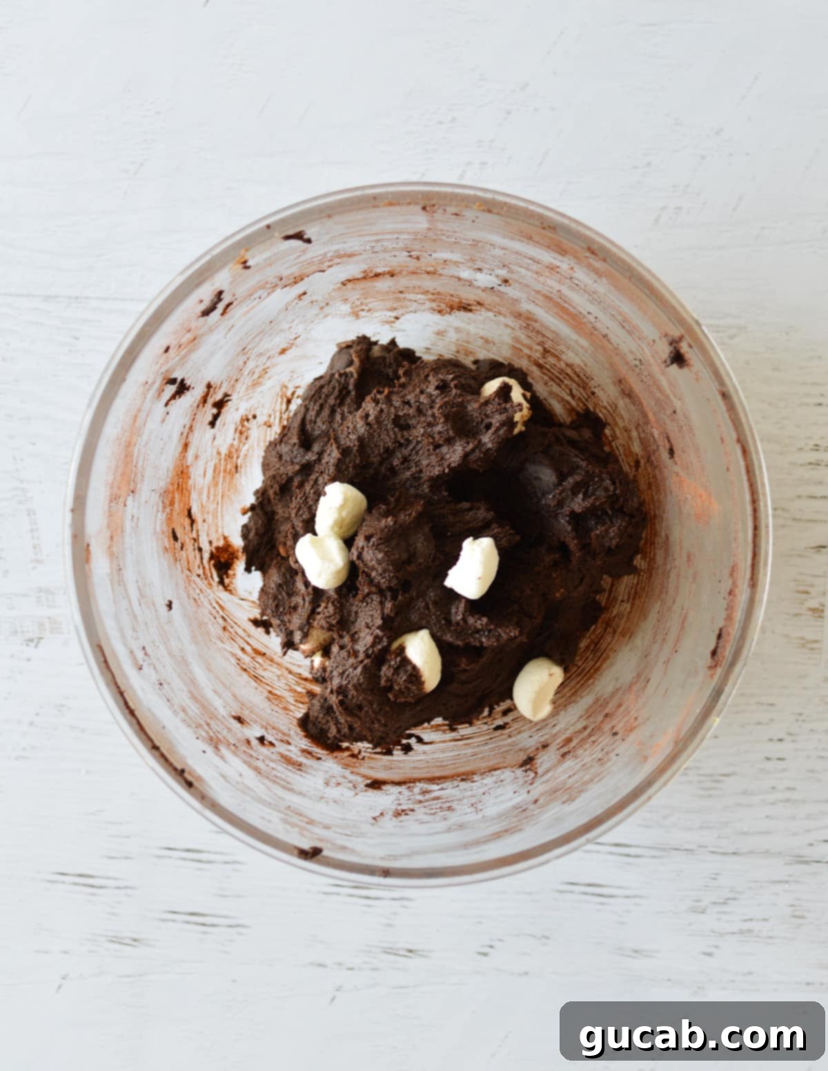 The finished chocolate marshmallow cookie dough, speckled with chocolate chips and mini marshmallows.