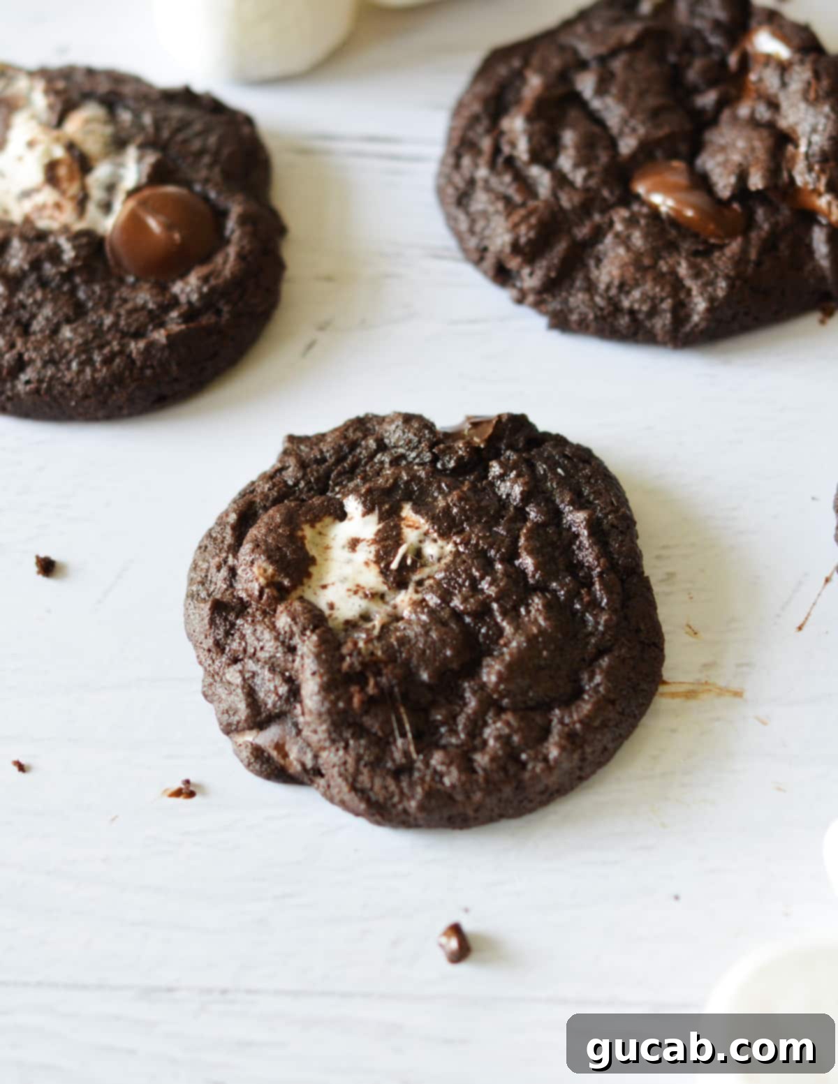 A single, perfectly baked chocolate marshmallow cookie, showing its soft, fudgy center and golden-brown marshmallow topping.