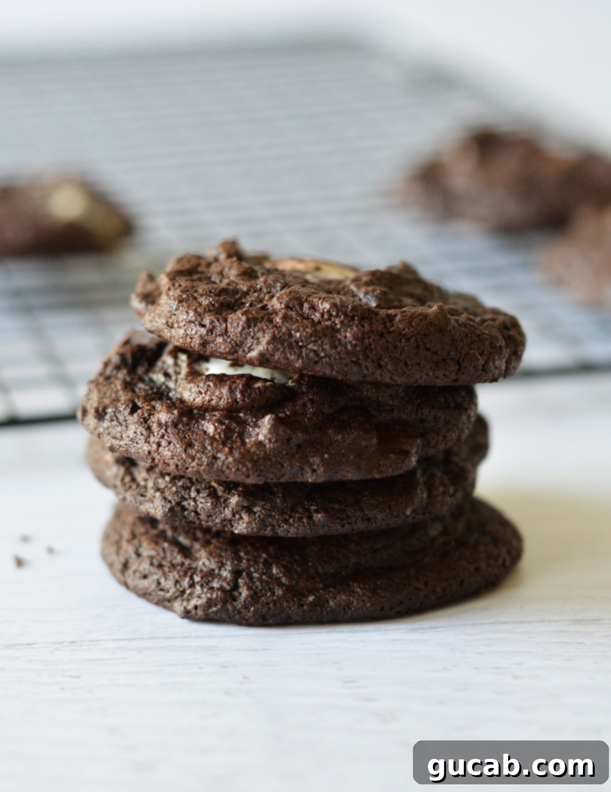A stack of warm, inviting chocolate marshmallow cookies, with gooey marshmallows peeking out, ready to be enjoyed.