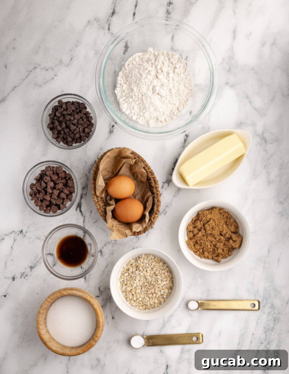 chocolate chips, gluten-free flour, butter, eggs, brown sugar, sugar, oats, salt, baking soda, and vanilla. 