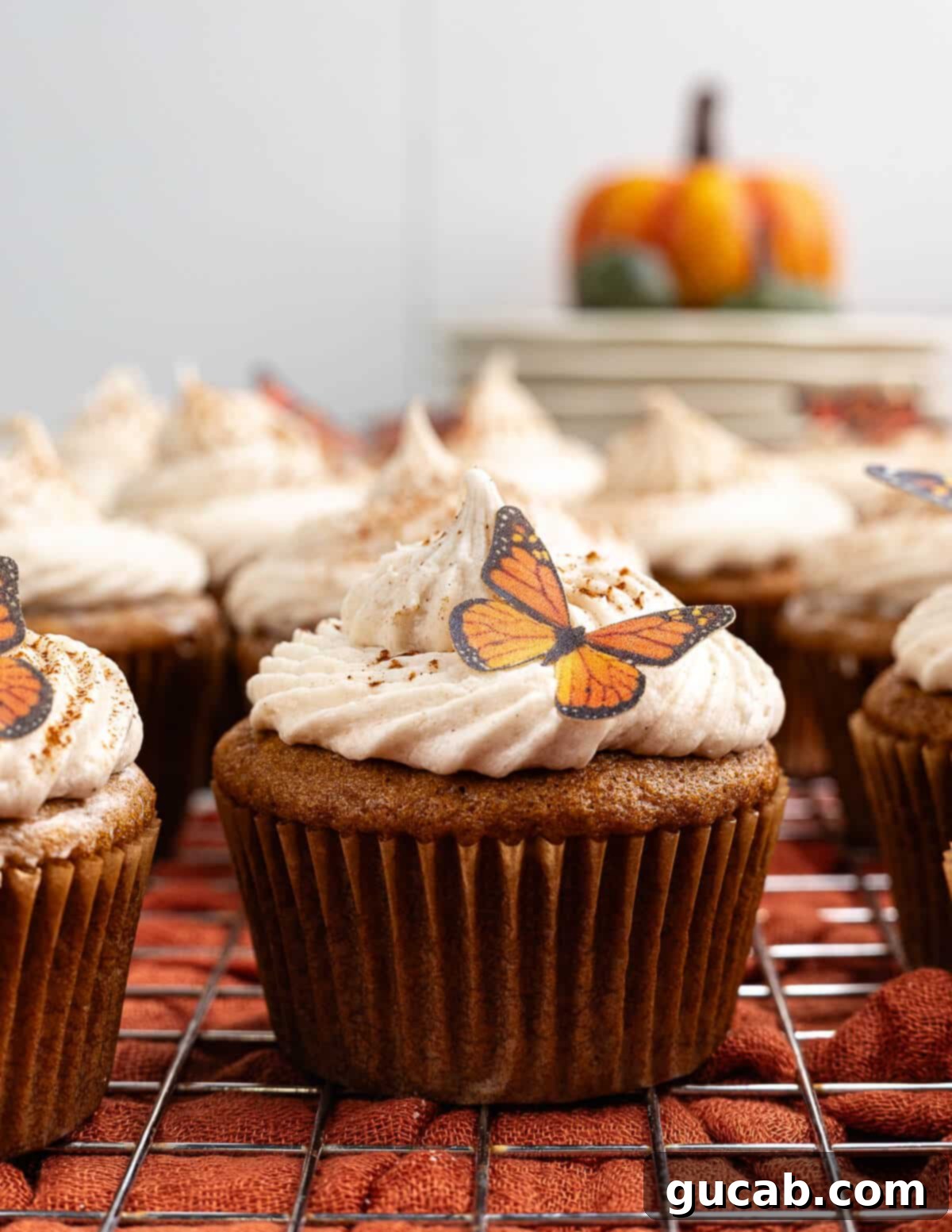 Golden Pumpkin Bliss: Gluten-Free Maple-Cinnamon Cupcakes 2 Gluten-free pumpkin cupcakes with cinnamon maple frosting arranged beautifully.