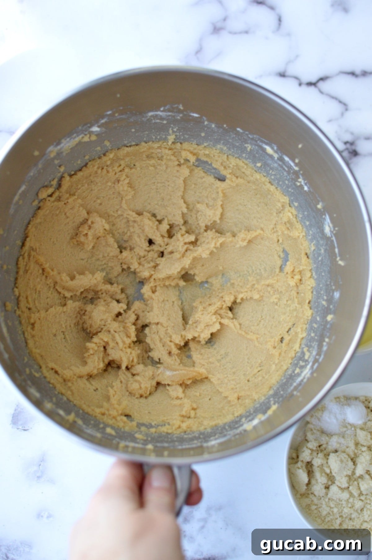 Creamed butter and sugar in a mixing bowl