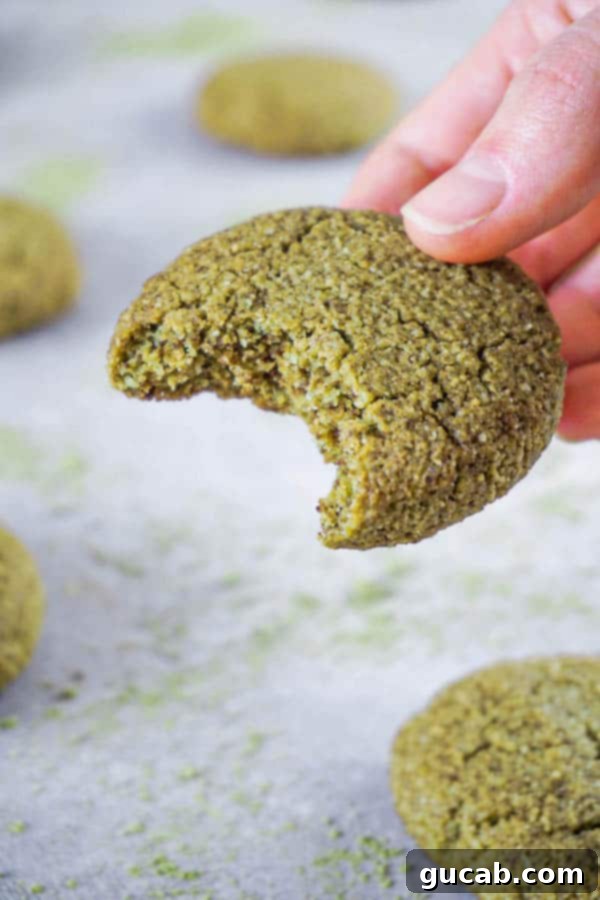 A plate of keto matcha cookies, lightly dusted and ready to be enjoyed with tea or coffee.