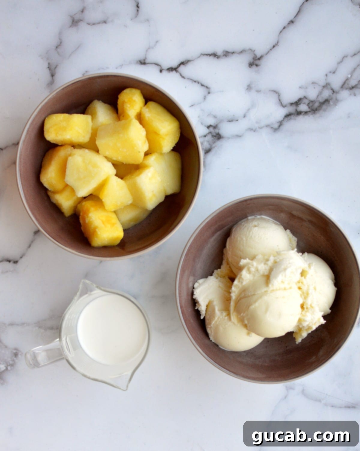 Arrangement of ingredients for a pineapple milkshake: whole milk, frozen pineapple chunks, a scoop of vanilla ice cream, and a glass of pineapple juice.