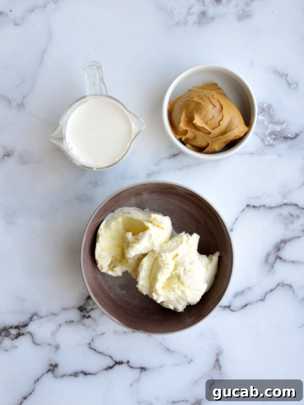 Fresh ingredients for a peanut butter milkshake, including creamy peanut butter, a carton of milk, and a tub of vanilla ice cream.