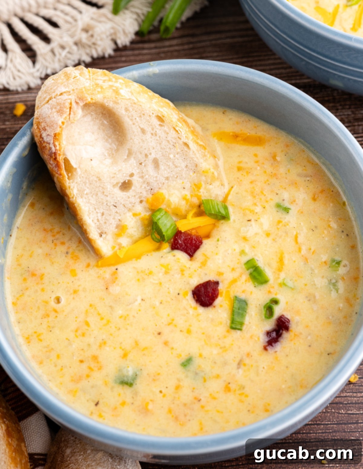 a bowl of potato soup with a slice of bread in it. 