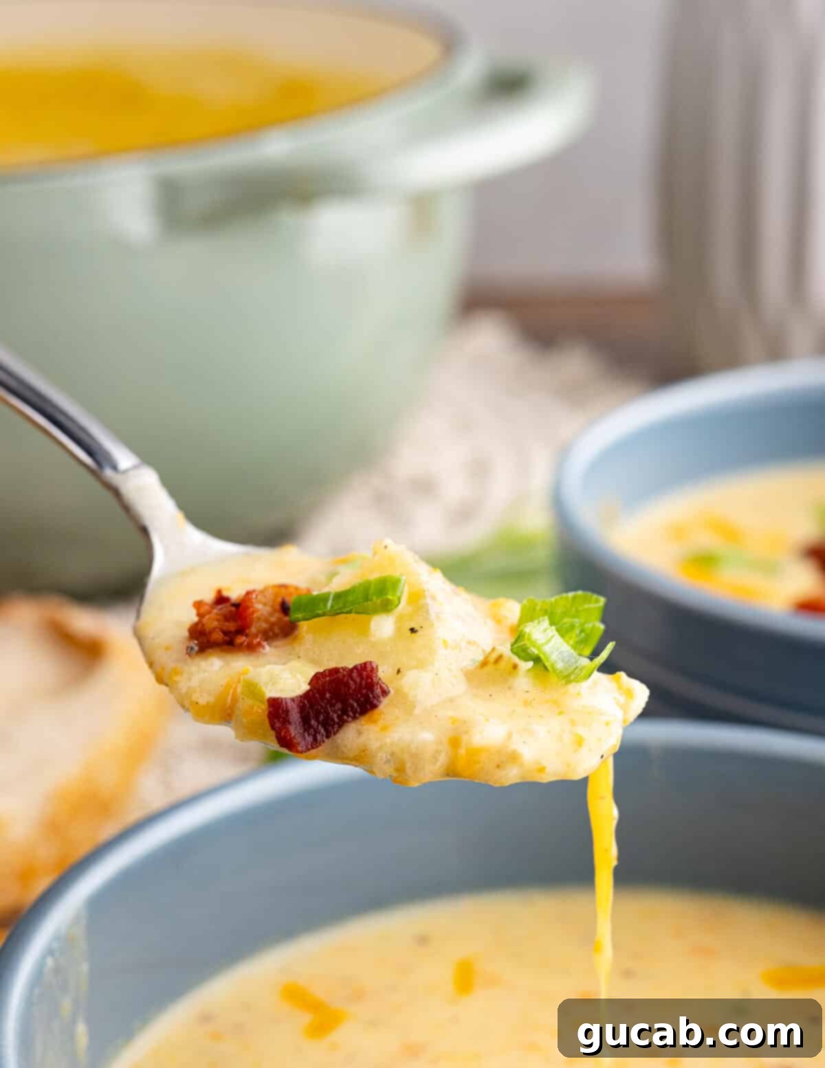 a spoonful of gluten-free potato soup with bacon and chives on it. 