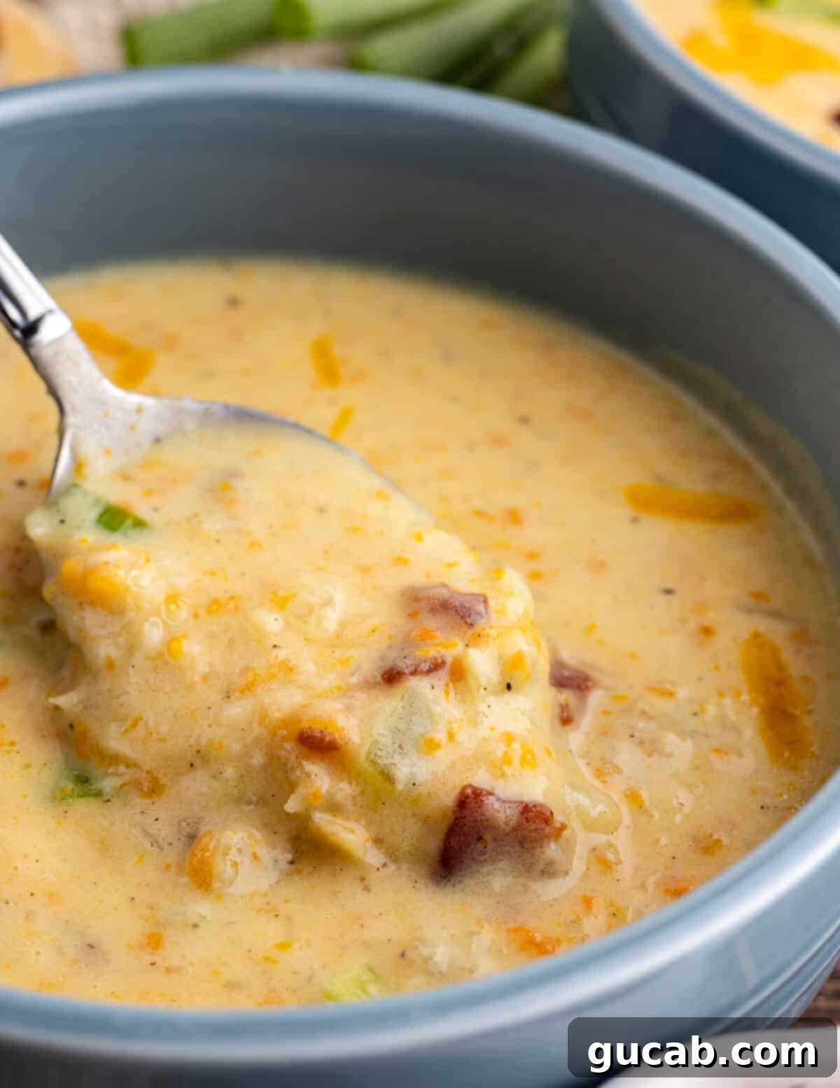 Creamy Gluten Free Potato Bliss 14 a spoonful of potato soup coming out of a bowl of potato soup.