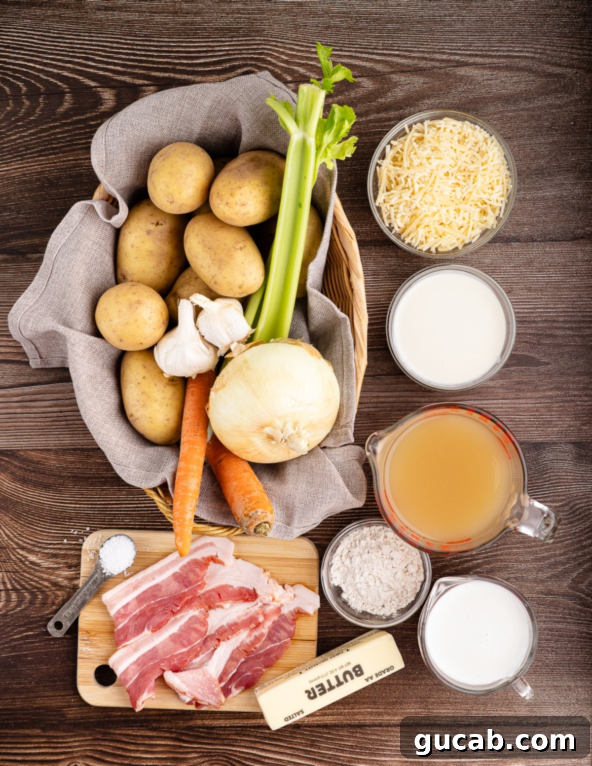 potatoes, parmesan, celery, cream, bacon, onion, carrots, garlic, butter, gluten-free flour, parmesan. 