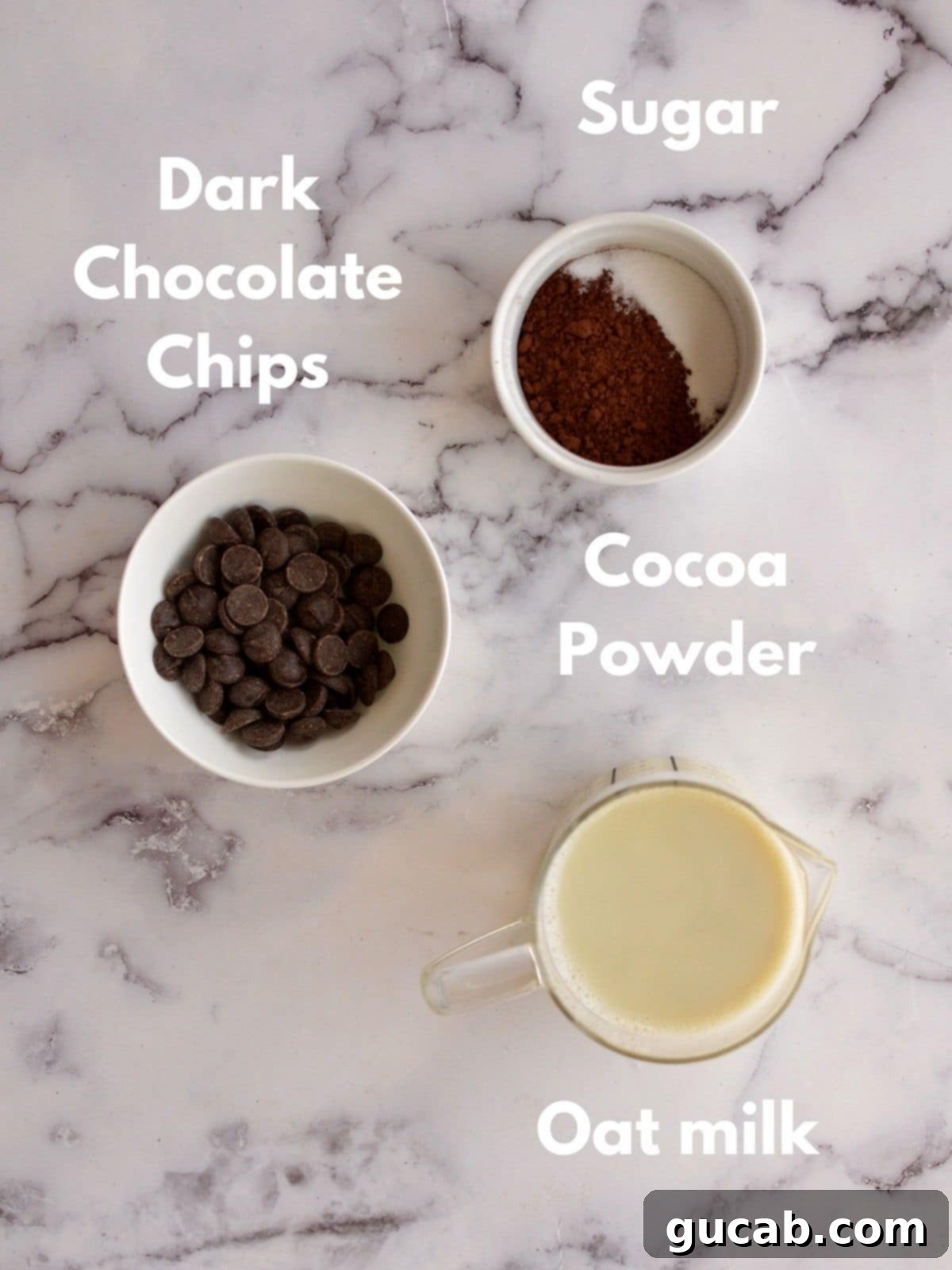 Velvety Oat Milk Hot Chocolate 3 Ingredients for homemade oat milk hot chocolate laid out on a table, including oat milk, cocoa powder, sugar, and dark chocolate chips